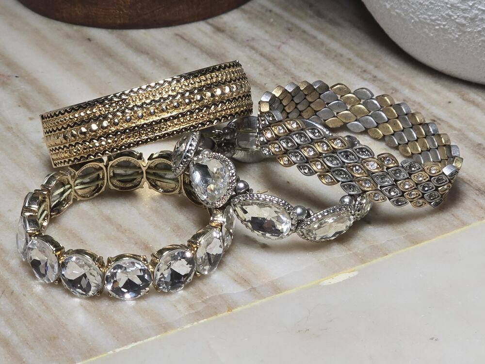 Vintage Bracelet Bundle Rhinestone Stretch Cuff Statement Bracelets Lot of 4